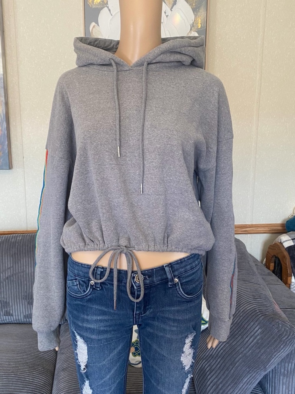 Urban Nation Cropped Drawstring Grey Hoodie